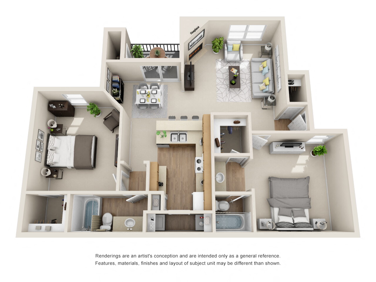 Floor plan for 2 beds, 2 baths, 1050 sqft